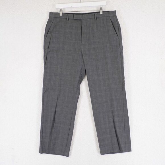 Calvin Klein Gray Wool‎ Plaid Mid Rise Flat Front Dress Pants 37/28 Not Lined - Picture 1 of 12